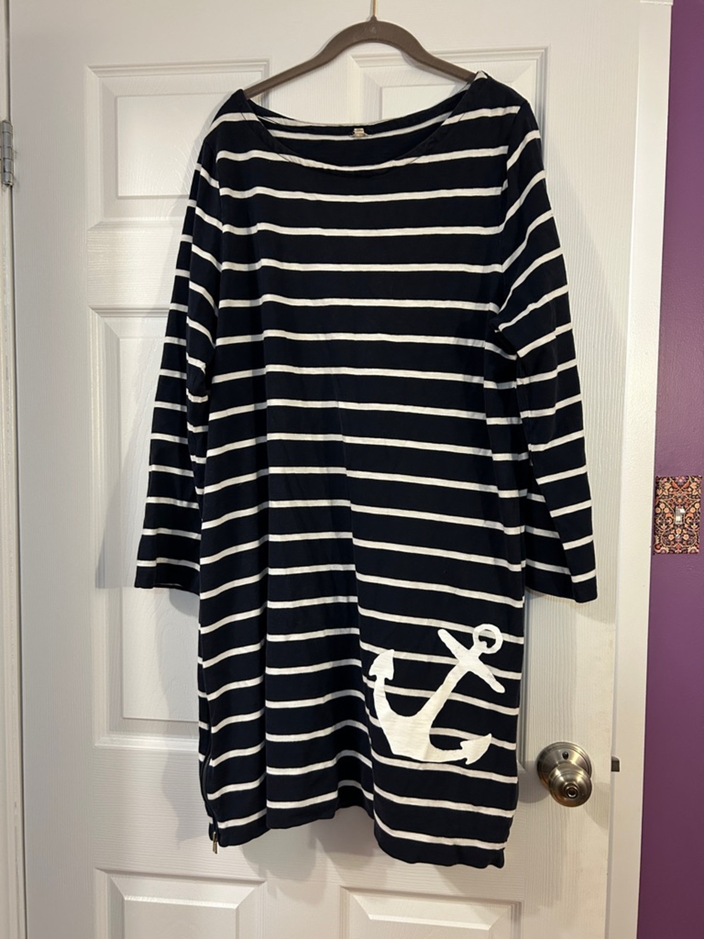 J. Crew Sz XL Navy and White Striped Long Sleeve Dress with Anchor
